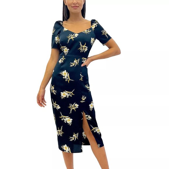 SAM EDELMAN Women's Floral-Print Puff-Sleeve Midi Dress Navy Multi Size 8 - Picture 1 of 3